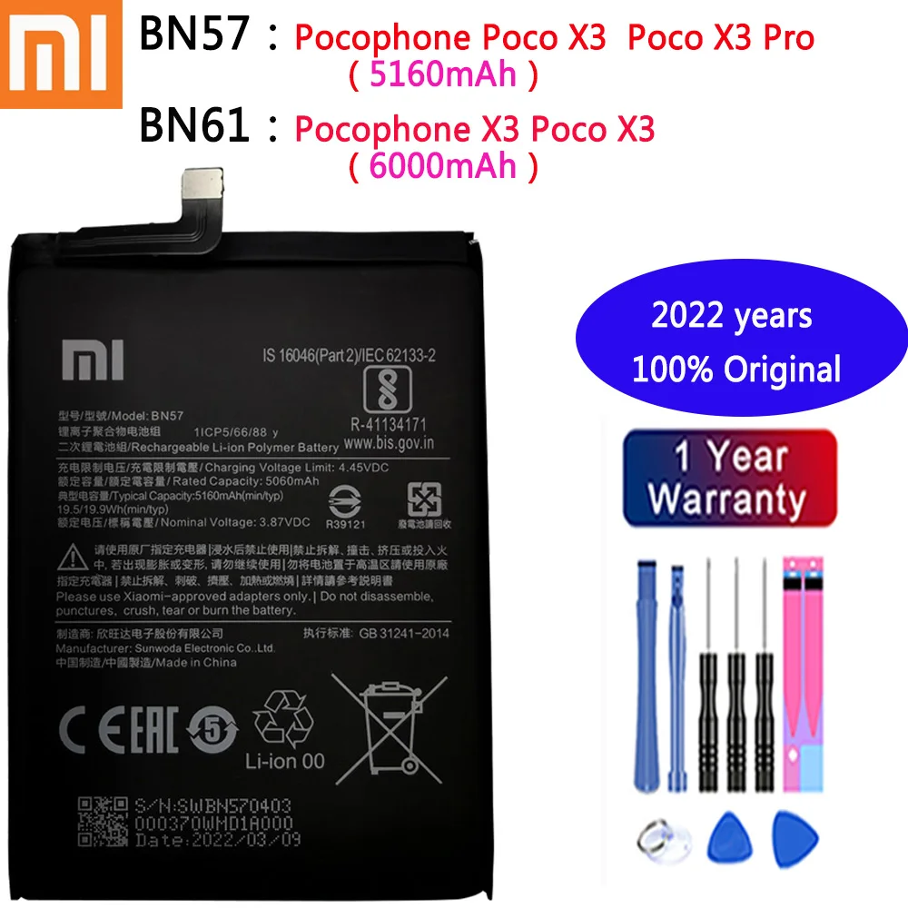 2022 Years New BN57 BN61 Original Battery For Xiaomi Pocophone X3 POCO X3 / X3 Pro Replacement Batteries + Tools
2022 Years New BN57 BN61 Original Battery For Xiaomi Pocophone X3 POCO X3 / X3 Pro Replacement Batteries + Tools