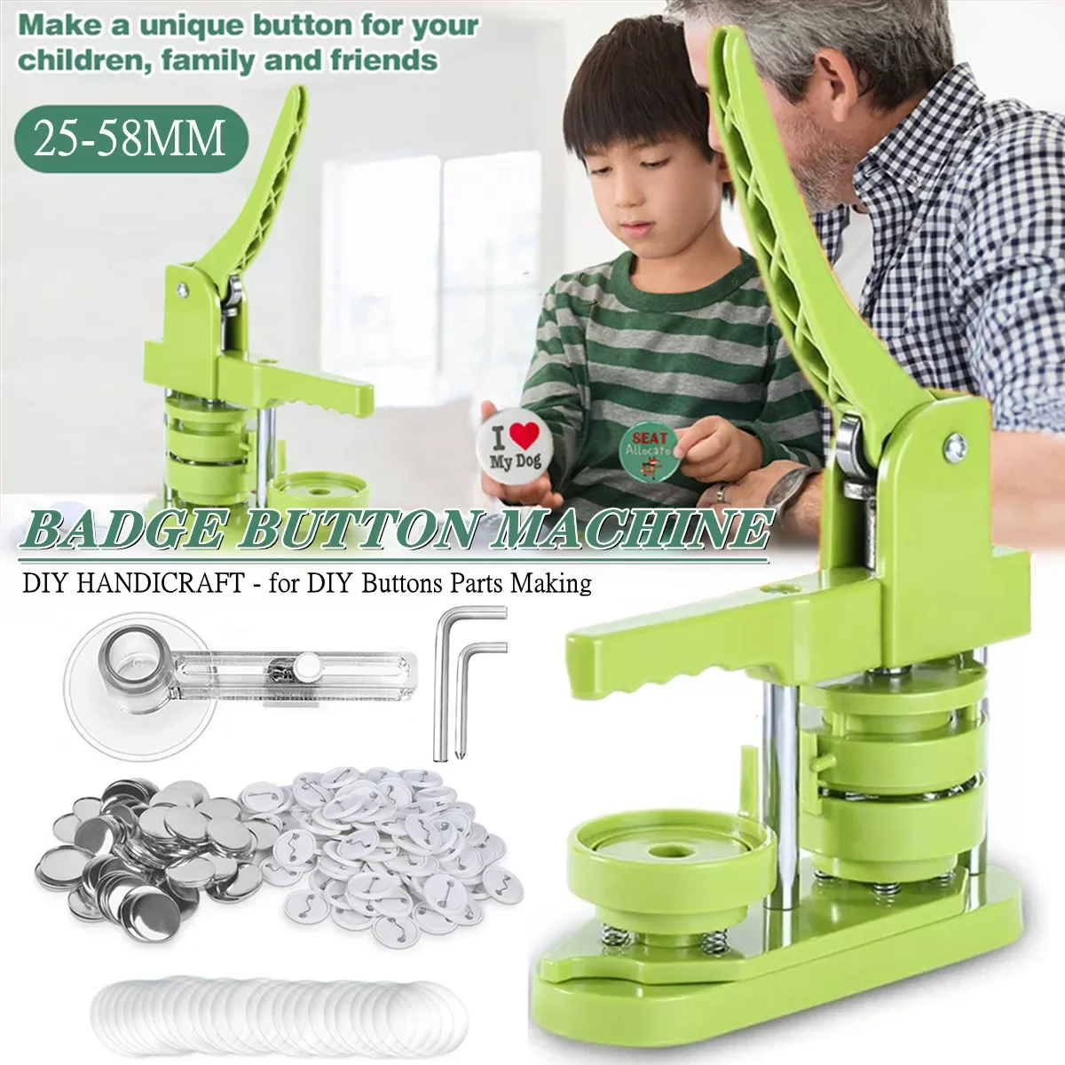 25MM-58MM Button Maker Machine Badges Set with 100-500Pcs Button Parts & Circle Cutter, DIY Pin Button Badge Press Maker Machine
25MM-58MM Button Maker Machine Badges Set with 100-500Pcs Button Parts & Circle Cutter, DIY Pin Button Badge Press Maker Machine