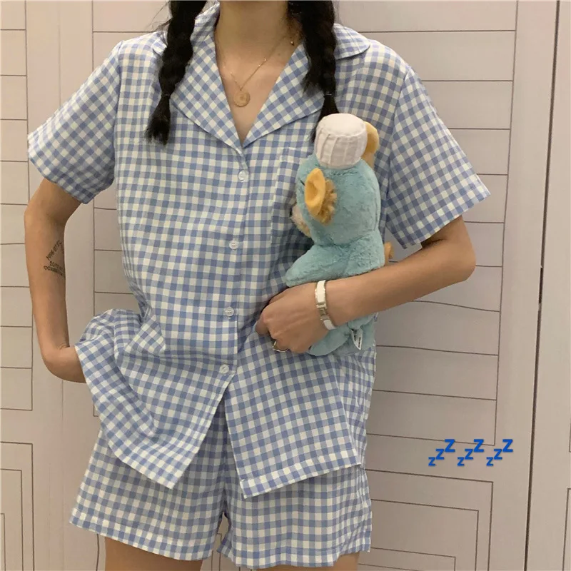 New Summer Pajamas Women's Short-sleeved Shorts Girly Cardigan Sweet and Cute Plaid Two-piece Korean Version of the Home Service
New Summer Pajamas Women's Short-sleeved Shorts Girly Cardigan Sweet and Cute Plaid Two-piece Korean Version of the Home Service