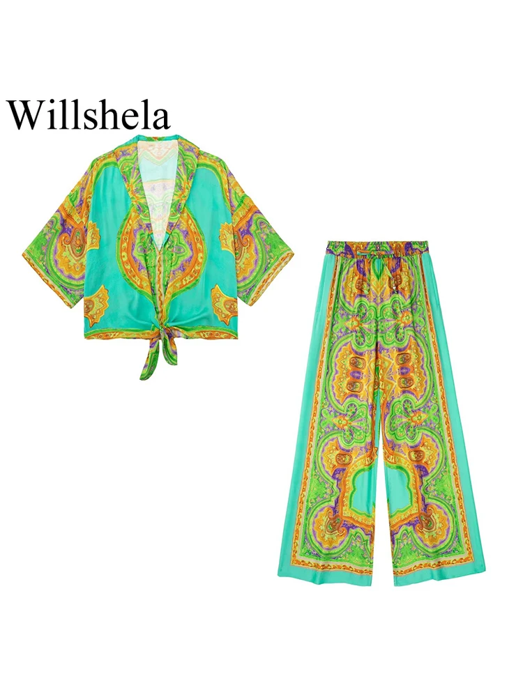 Willshela женский модный комплект из двух предметов, укороченная блузка с бантом и винтажные брюки с эластичным поясом 
Willshela женский модный комплект из двух предметов, укороченная блузка с бантом и винтажные брюки с эластичным поясом