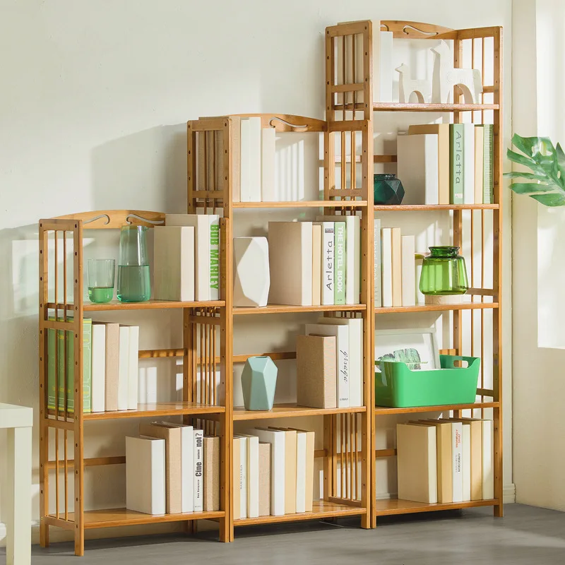 

Простые книжные полки из чистого бамбука, подшипник, прочный напольный простой многоуровневый детский книжный шкаф из массива дерева для гостиной
