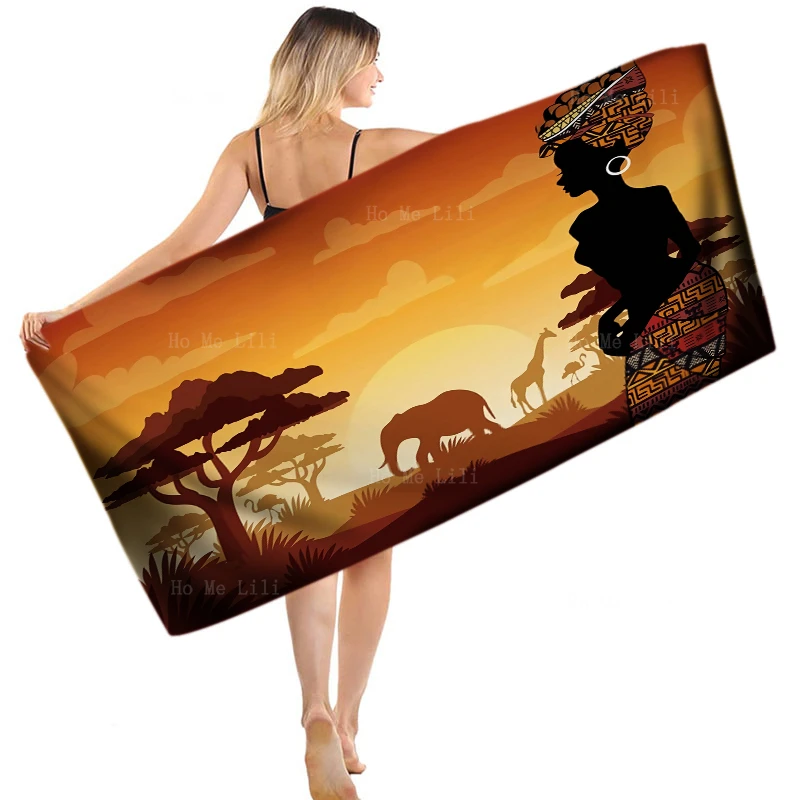 

Classic Africa Tribal Afro Woman Sunset Silhouette Giraffe And Elephant Wildebeests At Safari Quick Drying Towel By Ho Me Lili