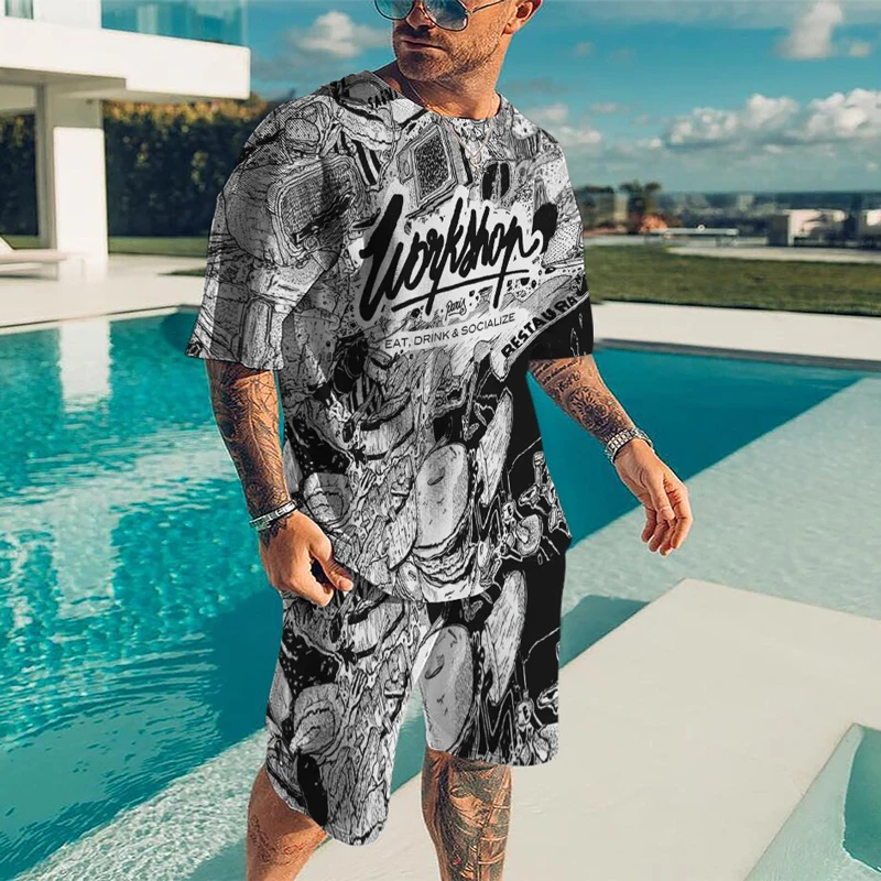 Summer New Fashion Men's Suit Two-piece Harajuku Retro Comic Print Short-Sleeved T-shirt Shorts Clothes Casual Men's Streetwear
Summer New Fashion Men's Suit Two-piece Harajuku Retro Comic Print Short-Sleeved T-shirt Shorts Clothes Casual Men's Streetwear