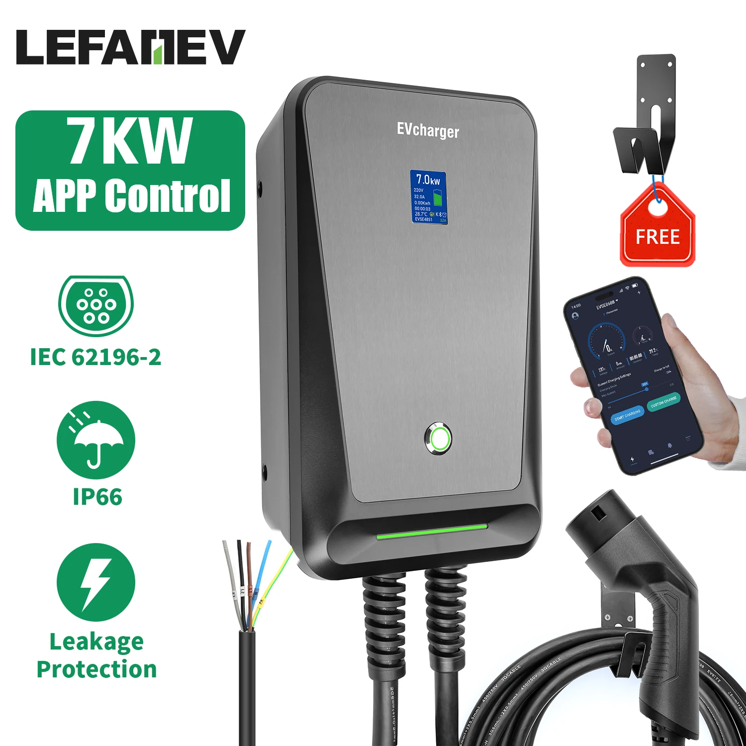 

EV Charger Type 2 APP Wifi Control 32A 1 Phase EVSE Wallbox 7KW Electric Car Charging Station with 6.1M Cable IEC 62196-2