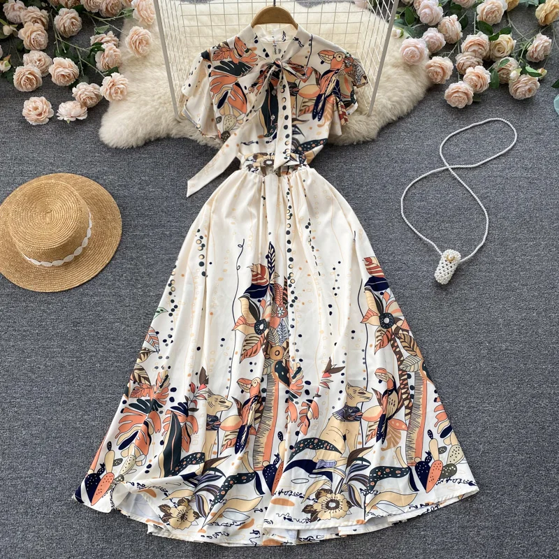 Ins Printed A-line Dress French Women New Fashion Summer Bow Neck Short Sleeve Print Elegant Clothes Vestidos F308
Ins Printed A-line Dress French Women New Fashion Summer Bow Neck Short Sleeve Print Elegant Clothes Vestidos F308