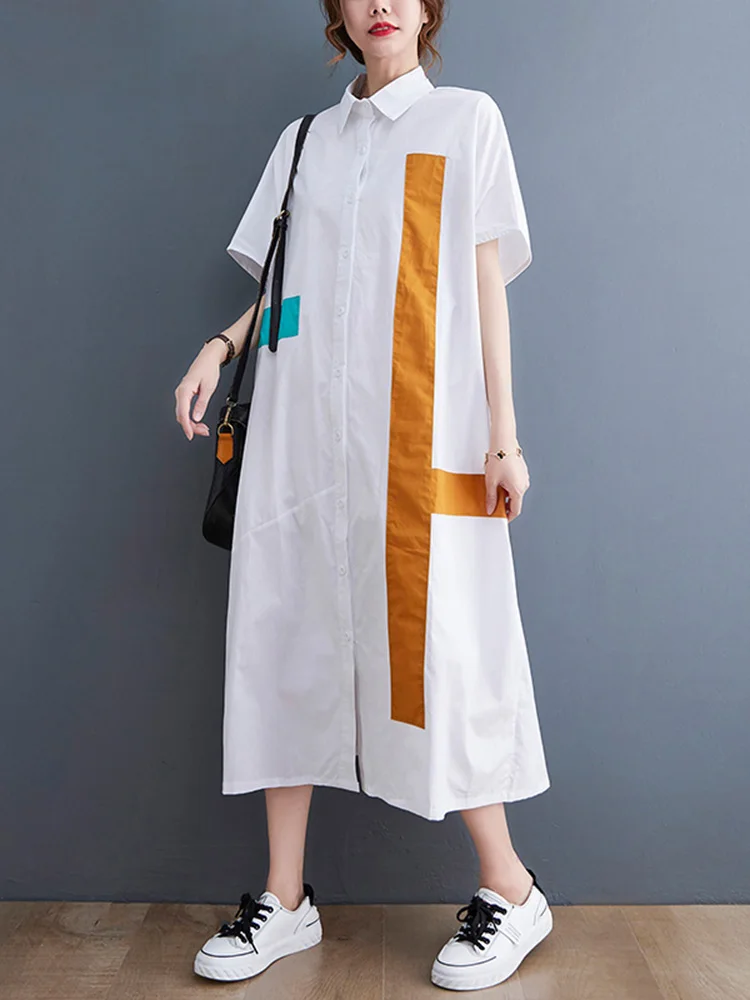 Contrast Color Simplicity Casual Loose Cotton Shirt Dress Patchwork Casual Lapel Short Sleeve Japanese Manga Oversize Maxi Dress
Contrast Color Simplicity Casual Loose Cotton Shirt Dress Patchwork Casual Lapel Short Sleeve Japanese Manga Oversize Maxi Dress