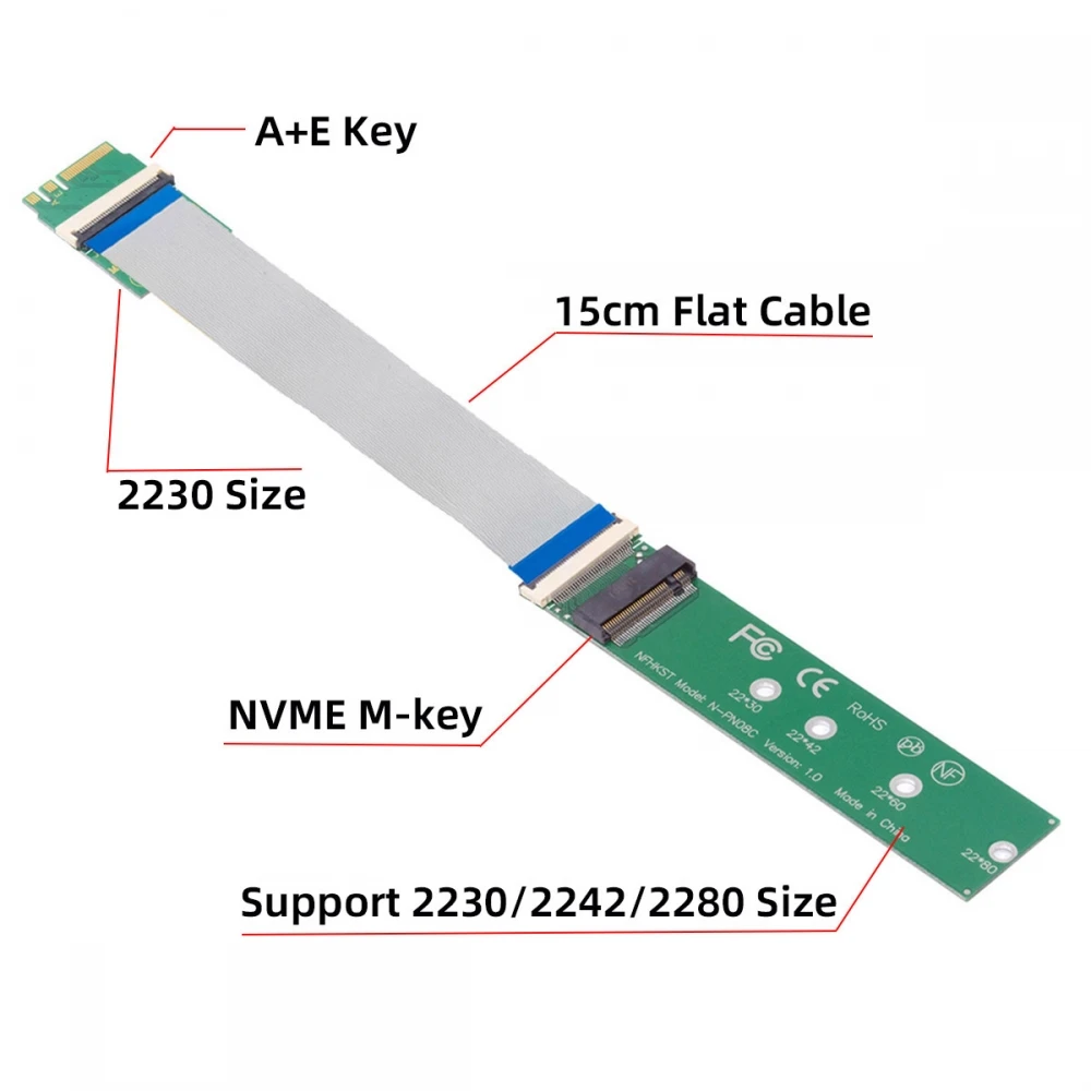 Удлинительный кабель MVME M.2 NVME M-key Female to 2230 NGFF A+E-Key Male для материнской платы
