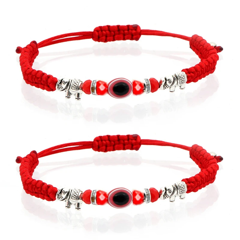

2PCS Evil Eye Beads Bracelets Red Braided Bohemian Adjustable Elephant Charm Anklets Handmade String Bracelet Gift for Women Men
