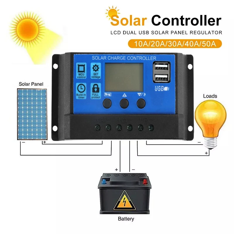 

Автоматический контроллер заряда солнечной батареи 60 А/50 а/40 А/30 А/20 А/10 А 12 В 24 В, ШИМ-контроллеры, ЖК-дисплей, двойной USB 5 В, выходная панель, PV регулятор