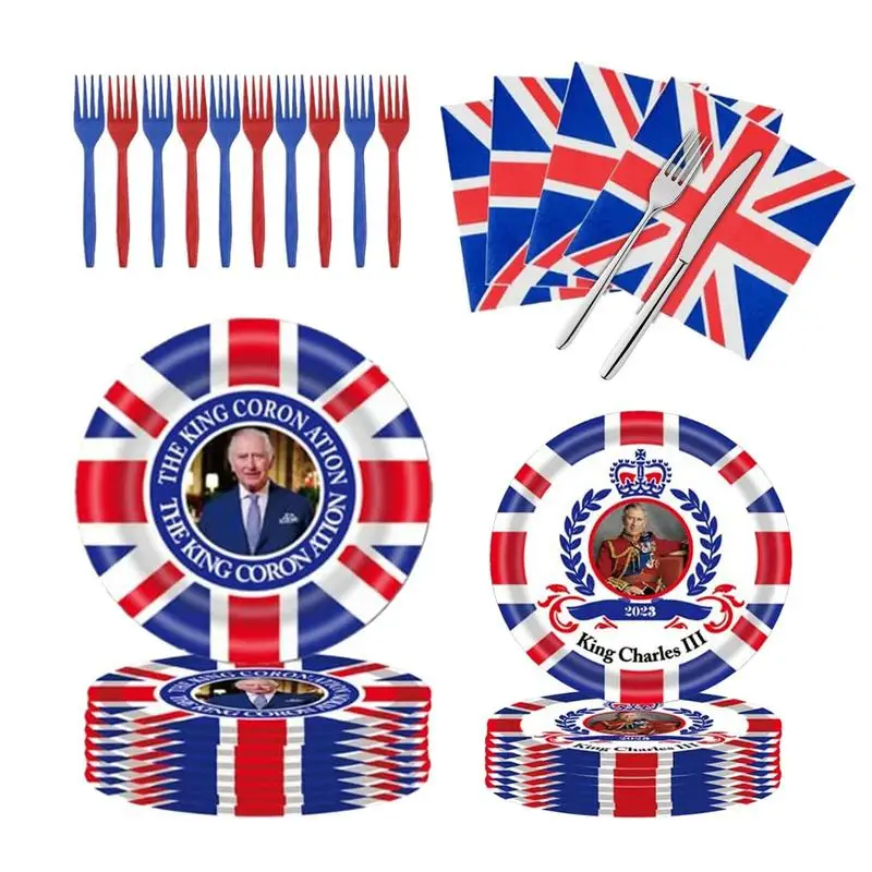 

King Charles Coronation Decorations UK Flag British Party Paper Tableware Kit Plates Napkins Forks United Kingdom Party Supplies