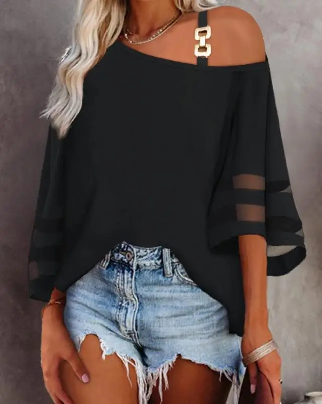 Tops Women 2022 Trendy Fashion Contrast Mesh Cold Shoulder Bell Sleeve Top Casual Chain Blouses Female clothing Shirts New
Tops Women 2022 Trendy Fashion Contrast Mesh Cold Shoulder Bell Sleeve Top Casual Chain Blouses Female clothing Shirts New