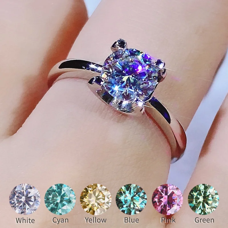 

Classic Simple Moissanite Ring For Women 0.5-2ct Color D VVS1 3EX Cut Blue Green Pink Red Yellow Cyan Gemstone S925 Silver