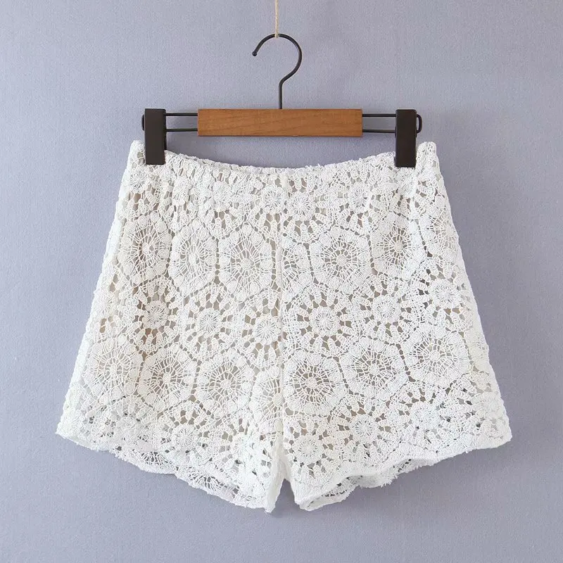 

Female Summer Beach Boho Bali Ibiza Cotton Yarn Crochet Floral Shorts Eyelet Gypsy Hippie Ethnic Tribal High Waist Flare Shorts