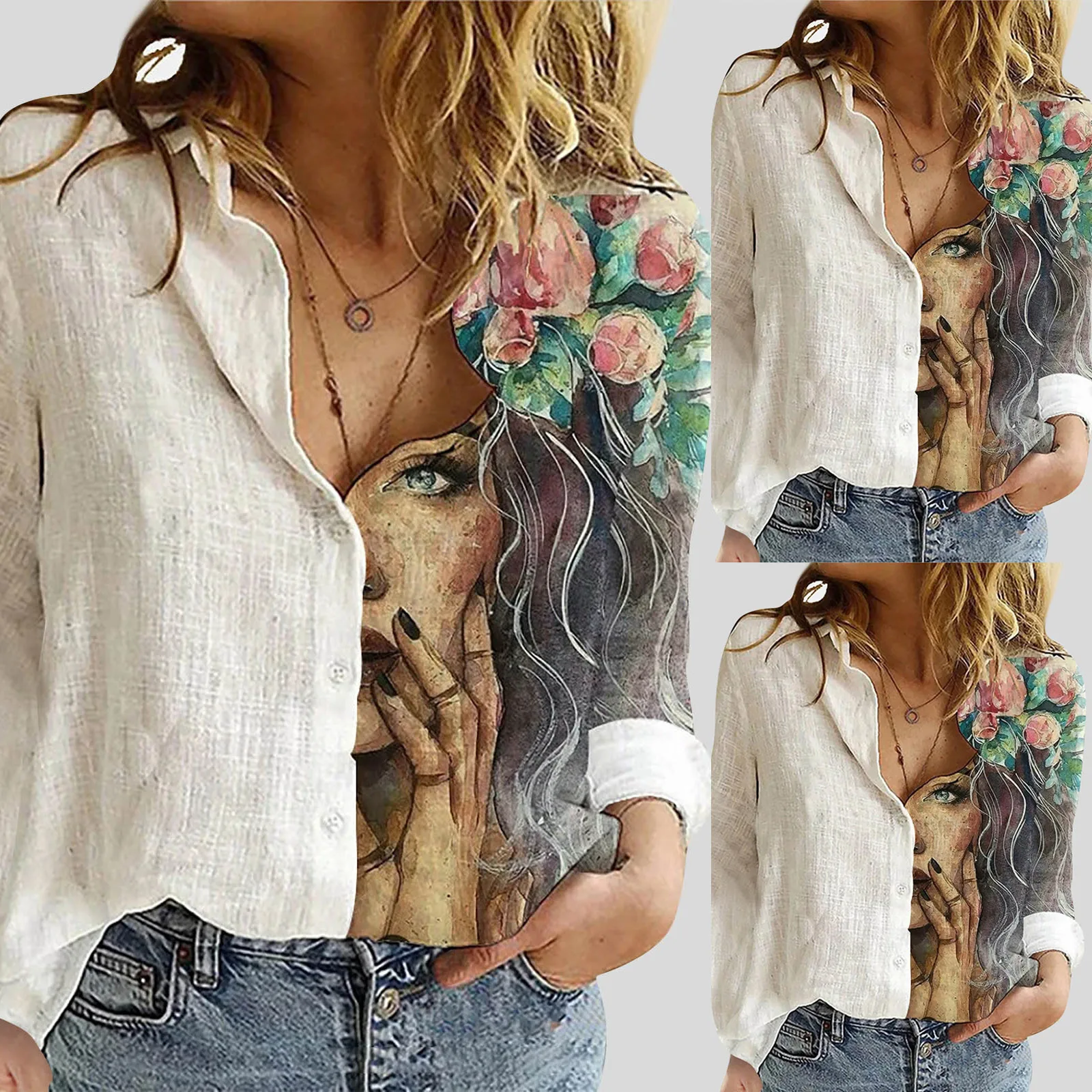 Женская хлопковая рубашка с длинным рукавом и принтом 
Женская хлопковая рубашка с длинным рукавом и принтом