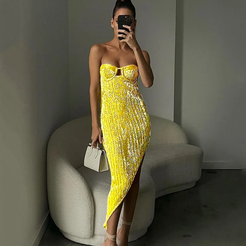 Yellow Sequined Party Dress Women Fashion Irregular Strapless Dresses Maxi Sexy Backless Night Club Party Clothing Dropshipping
Yellow Sequined Party Dress Women Fashion Irregular Strapless Dresses Maxi Sexy Backless Night Club Party Clothing Dropshipping