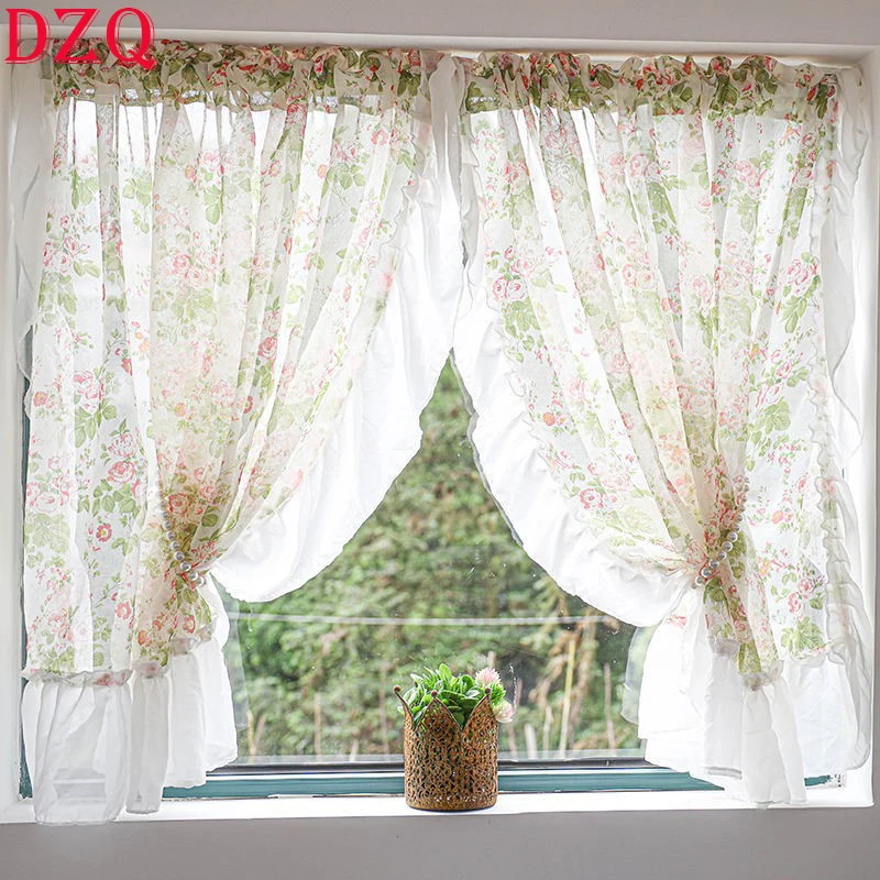 

Idyllic American Rural Flowers Window Tulle Door Curtains Floral Gauze Warp Ruffled Door Curtains for Kitchen Balcony #A119