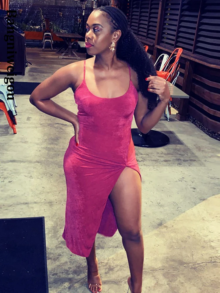 Bangniweigou High Slit Fuchsia Midi Dress Women Spaghetti Straps High Waist Elegant Skinny Party Sheath Casual Wear 
Bangniweigou High Slit Fuchsia Midi Dress Women Spaghetti Straps High Waist Elegant Skinny Party Sheath Casual Wear