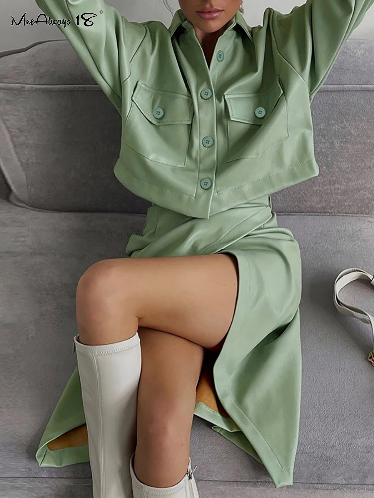 Mnealways18 Green PU Two Piece Set Women Long Sleeve Jacket And Irregular Midi 2 Piece Skirt Suit Female High Street 2022 Autumn 
Mnealways18 Green PU Two Piece Set Women Long Sleeve Jacket And Irregular Midi 2 Piece Skirt Suit Female High Street 2022 Autumn