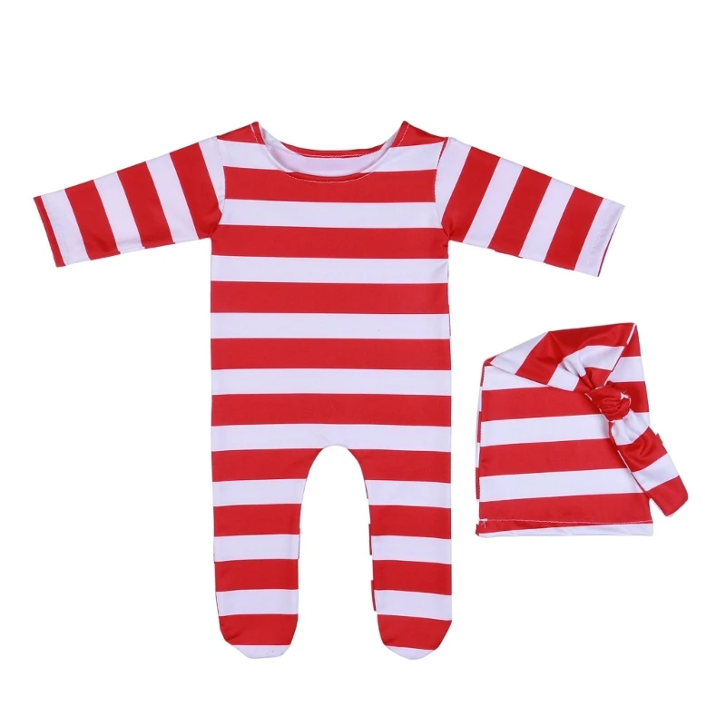 

Christmas Costume Newborn Baby Photography Props Outfit Red White Stripe Elf Outfits with Santa Hat Santa Claus Clothes