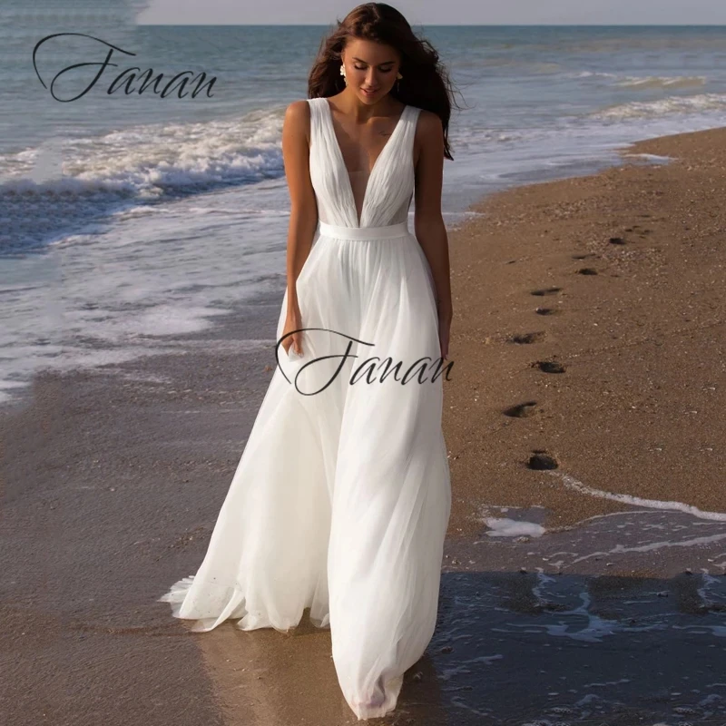 Boho V Neckline Sleeveless Wedding Dresses For Women Sweep Train Backless Bridal Long Sexy White Tulle A-line Wedding Gowns
Boho V Neckline Sleeveless Wedding Dresses For Women Sweep Train Backless Bridal Long Sexy White Tulle A-line Wedding Gowns