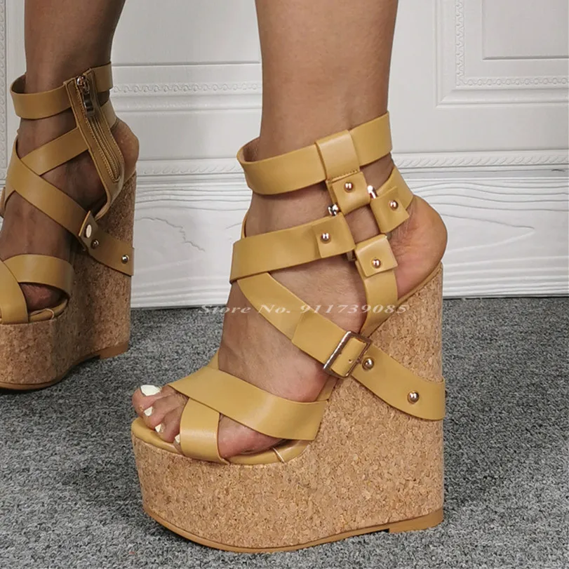 Khaki Wedge Heel Platform Sandals Women Cross-Strap Buckle High Heel Shoes Lady Large Size Wood Grain Heels Side Zipper Sandals
Khaki Wedge Heel Platform Sandals Women Cross-Strap Buckle High Heel Shoes Lady Large Size Wood Grain Heels Side Zipper Sandals
