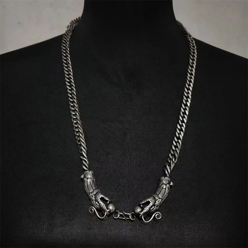 

Jia Le/ Tibetan Silver Domineering Pair Dragon Head Fashion Necklace Personality Fine Jewelry Exquisite Men Women Couple Gift