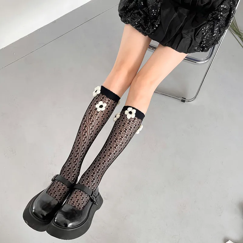 

Women Sock Summer Sexy Breathable Mesh Middle Tuble Lolita Gril Flower Pure Black White Sweet Hollow Out Lace Casual Lady Socks