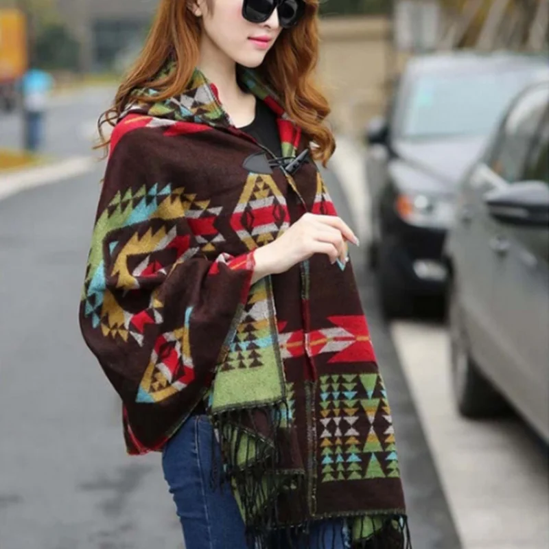 

Ladies Warm Winter Hooded Wrap Poncho Wool Scarves Capes New Ponchos And Capes Aztec Outwear Casacos Femininos