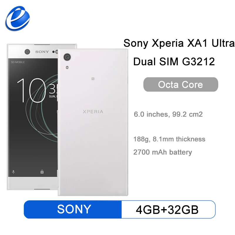 Original Sony Xperia XA1 Ultra dual sim G3212 Mobile Phone 4GB RAM 32GB ROM 6" Octa core 23MP 16MP NFC 4G Smartphone
Original Sony Xperia XA1 Ultra dual sim G3212 Mobile Phone 4GB RAM 32GB ROM 6" Octa core 23MP 16MP NFC 4G Smartphone