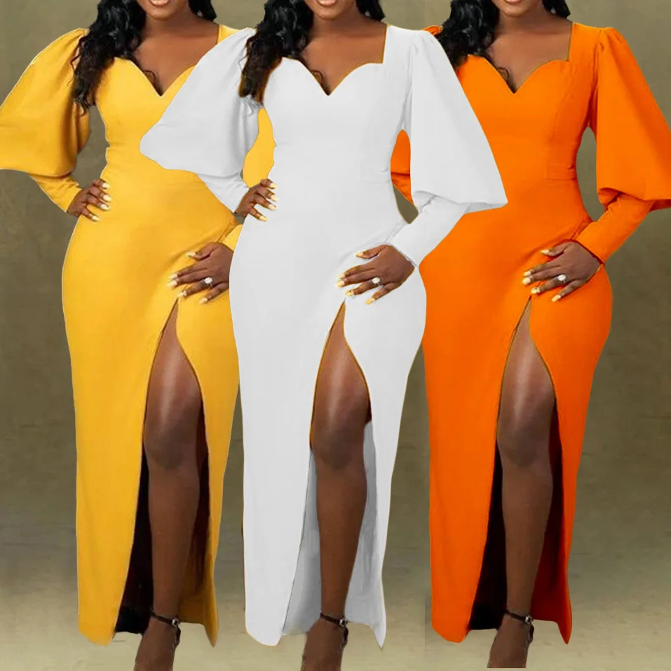New Solid Color and V-neck Puff Sleeve Split European and American plus Size Women's Clothes Foreign Trade Dress
New Solid Color and V-neck Puff Sleeve Split European and American plus Size Women's Clothes Foreign Trade Dress