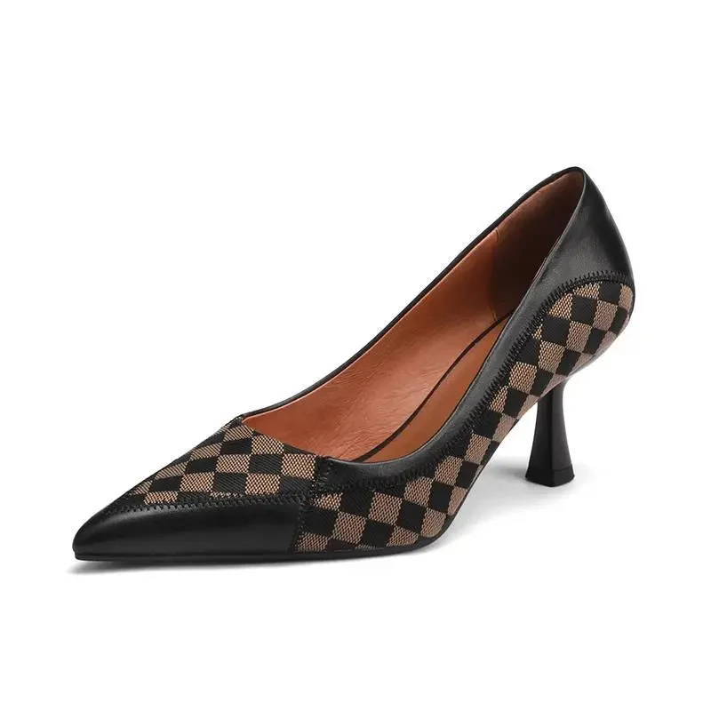 Lady Fashion Sweet Black Plaid Pattern Spring Office Stiletto Heels Women Casual Comfort Brown Heel Shoes Sapatos Femininas E443 
Lady Fashion Sweet Black Plaid Pattern Spring Office Stiletto Heels Women Casual Comfort Brown Heel Shoes Sapatos Femininas E443