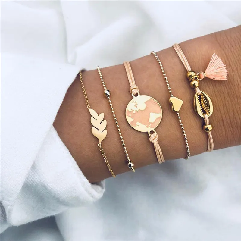 VAGZEB 5 Pcs/ Set Personality Map Leaves Heart Shell Tassel Beads Chain Bracelets Bangles Exquisite Women Accessories
VAGZEB 5 Pcs/ Set Personality Map Leaves Heart Shell Tassel Beads Chain Bracelets Bangles Exquisite Women Accessories