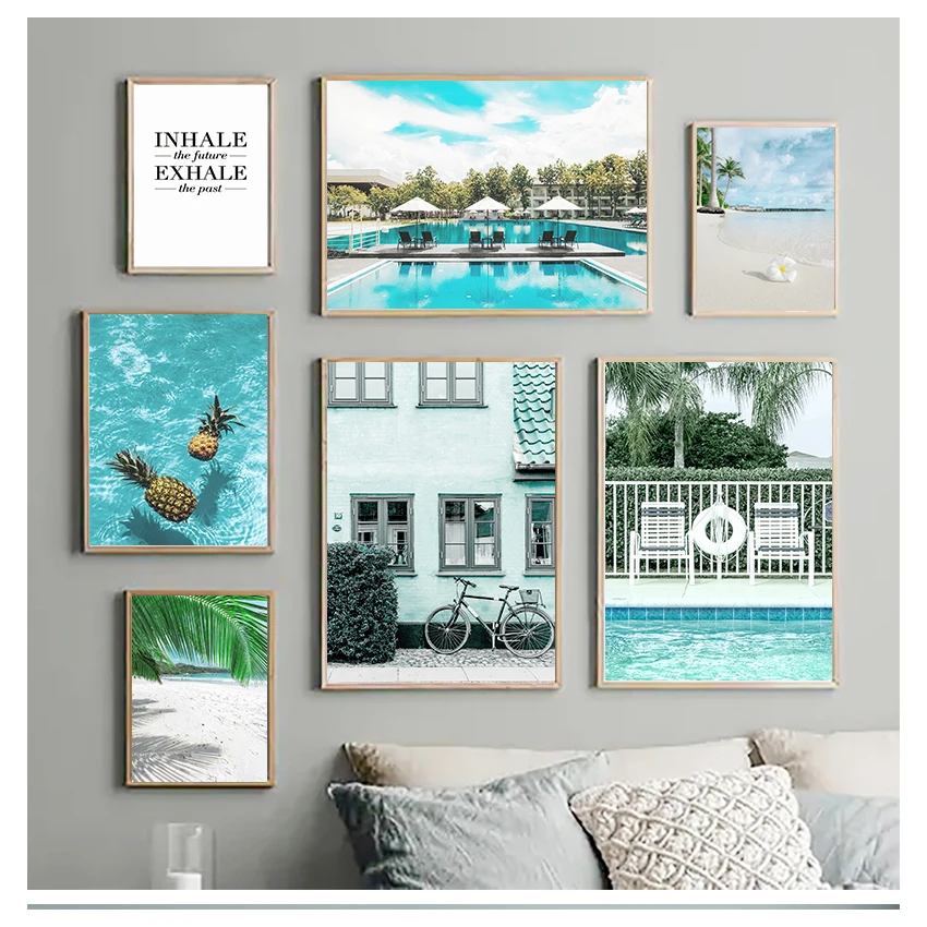 

Скандинавский постер на холсте с изображением моря, пляжа, девушки, ананаса, бассейна, декор для гостиной, домашняя Настенная картина
