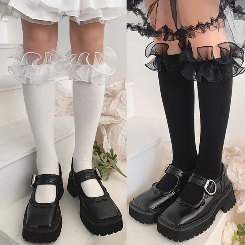 

Women French Knee High Socks Wrinkled Organza Ruffle Lace Trim Stockings 37JB