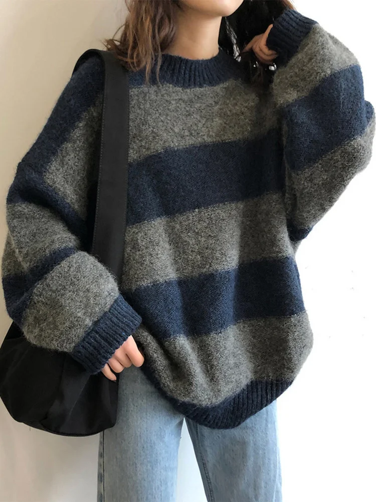 

Woherb Women Oversized Thin Sweater Vintage Striped Loose Pullover Streetwear Autumn Knitted Jumper Femme 2022 Sueter Mujer
