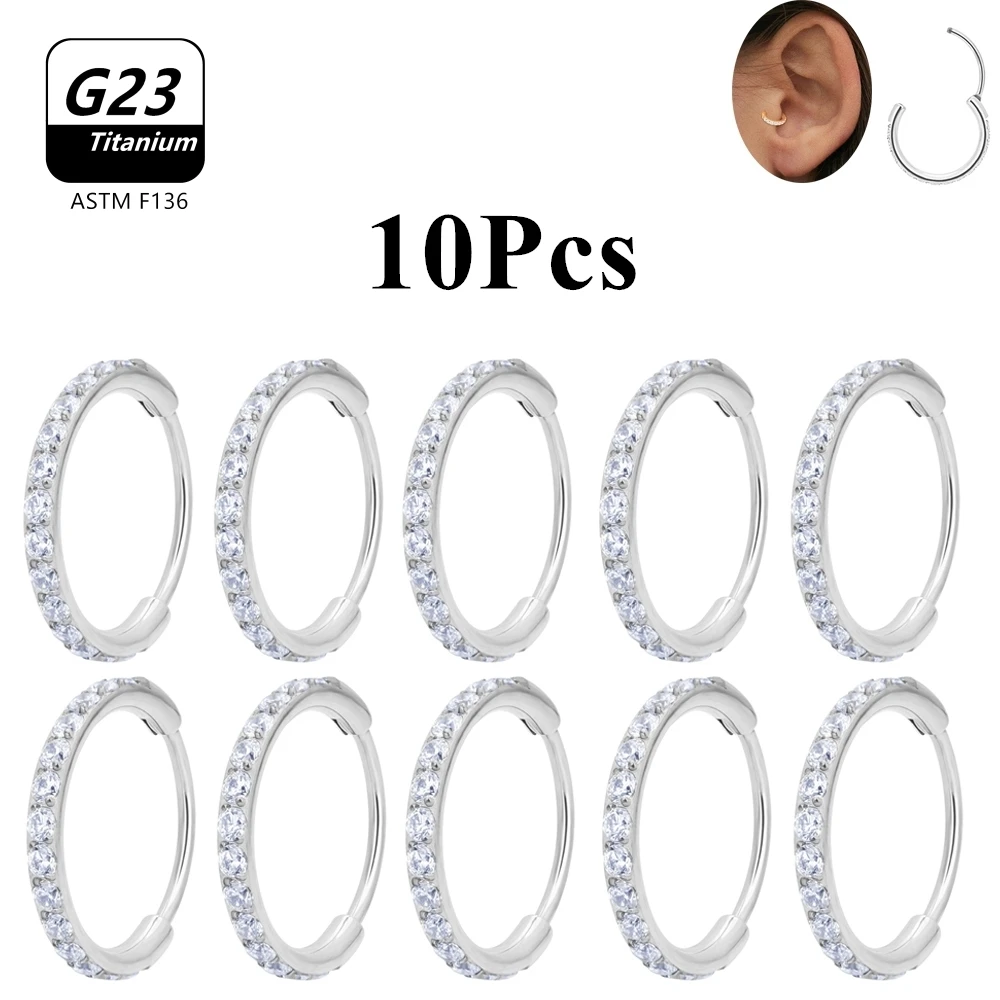 

10Pcs G23 Titanium CZ Conch Clicker Earrings Body Jewelry Hinged Nose Ring Cartilage Helix Tragus Ear Piercing Earring Wholesale