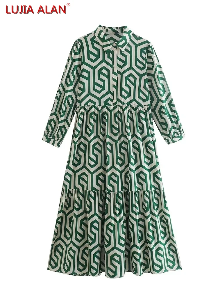 Women Geometric Printing Tiered Ruffle Shirt Dress Summer Female Long Sleeve Midi Vestidos LUJIA ALAN D9712
Women Geometric Printing Tiered Ruffle Shirt Dress Summer Female Long Sleeve Midi Vestidos LUJIA ALAN D9712