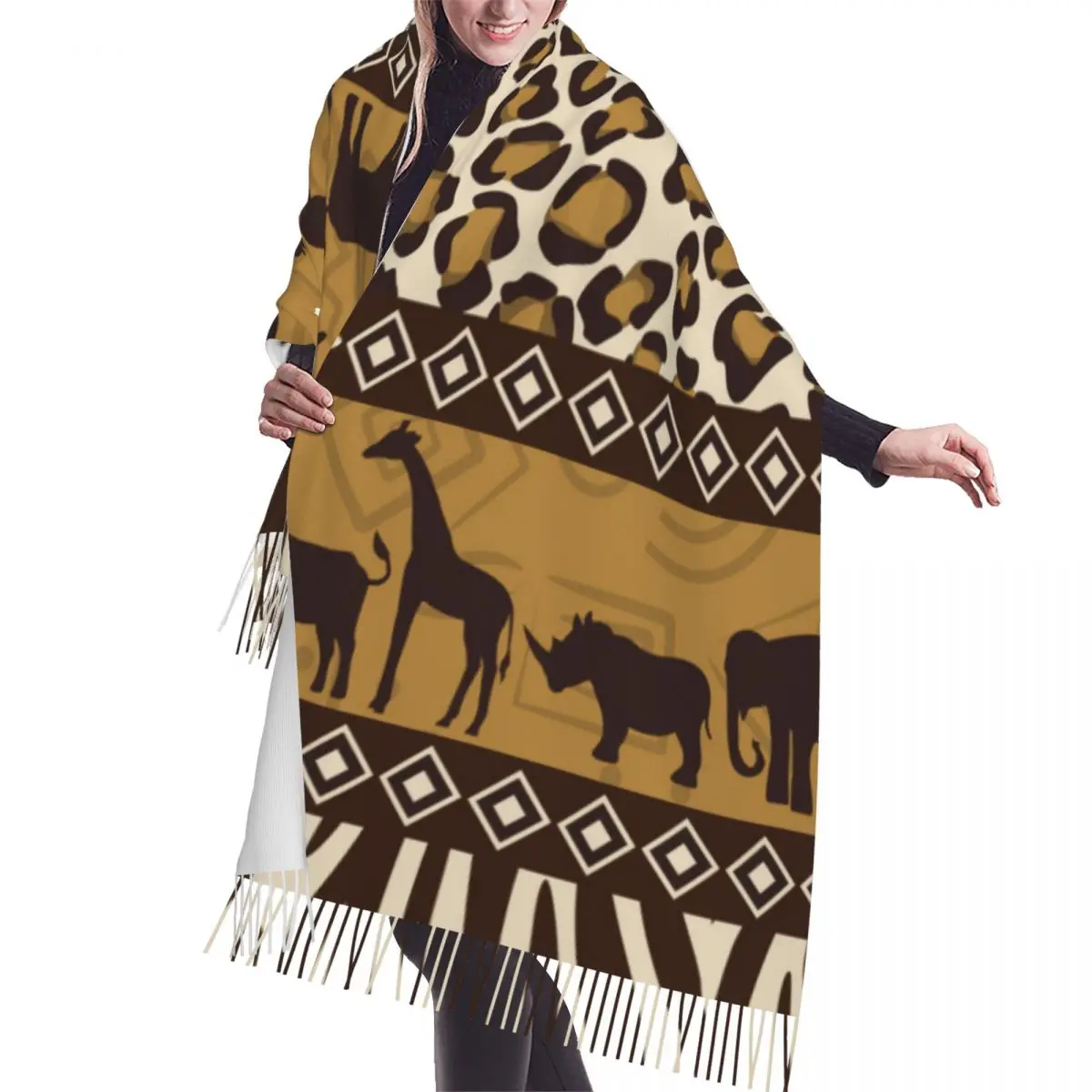 

Осенне-зимние теплые шарфы, Африканские Дикие животные и кожа, модная шаль, шарфы с кисточками, повязка на голову, хиджабы, палантин