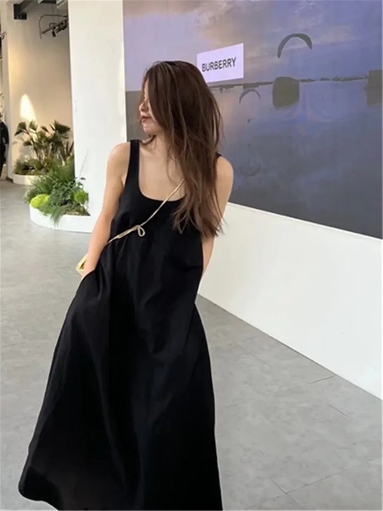 Женское простое и Универсальное длинное платье PB & ZA, черное льняное платье на бретельках с круглым вырезом и широкими лямками, лето 3396/325 
Женское простое и Универсальное длинное платье PB & ZA, черное льняное платье на бретельках с круглым вырезом и широкими лямками, лето 3396/325