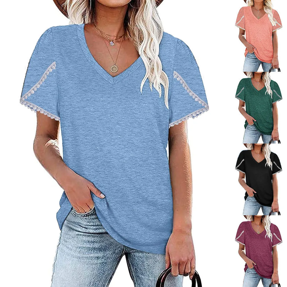 Women's top Spring/Summer 2023 new solid color V-neck lace petal sleeve t-shirt women
Women's top Spring/Summer 2023 new solid color V-neck lace petal sleeve t-shirt women