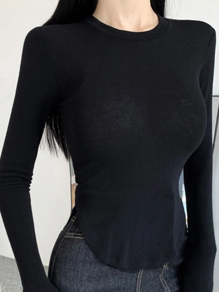 

WOMONGAGA 2022 Весенняя новая пикантная облегающая футболка с изогнутым подолом женский однотонный топ с круглым вырезом и длинным рукавом