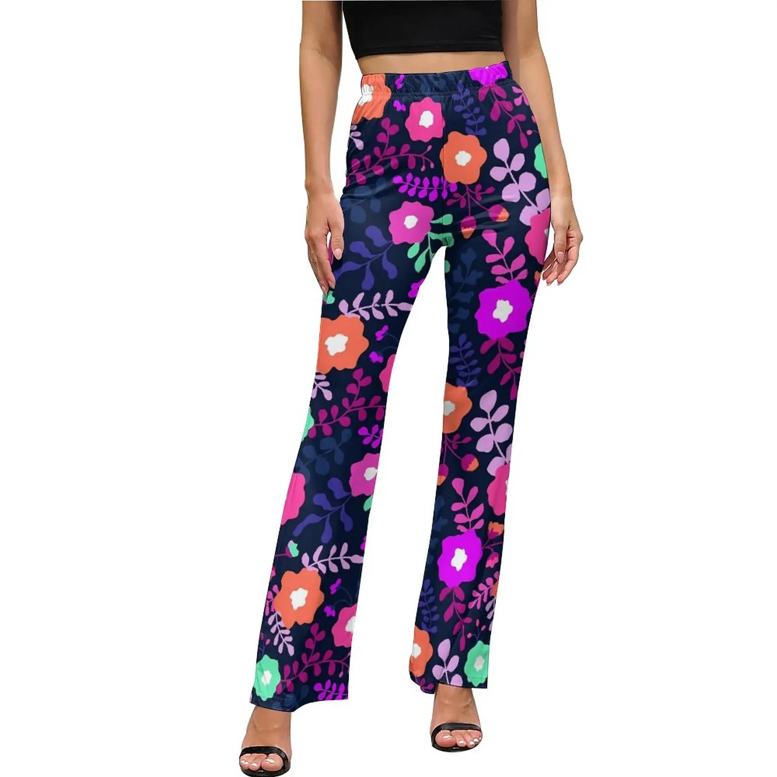 

Purple Ditsy Floral Pants High Waist Flowers Print Korean Fashion Flared Pants Daily Kawaii Graphic Oversize Trousers
