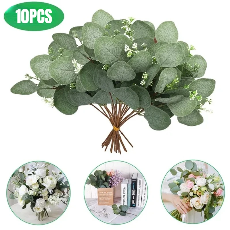

10pcs Eucalyptus Leaves Bunch Branch Artificial Plastic Plants Leaves Green Stems Wedding Faux Fake Flowers Cake DIY Decor