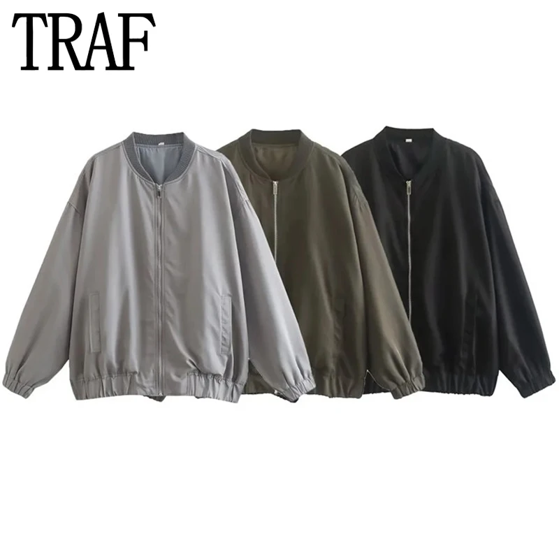 TRAF 2023 Woman Oversize Bomber Jacket Women Zip Up Vintage Autumn Jacket Women Long Sleeve Streetwear New In Coats And Jackets 
TRAF 2023 Woman Oversize Bomber Jacket Women Zip Up Vintage Autumn Jacket Women Long Sleeve Streetwear New In Coats And Jackets