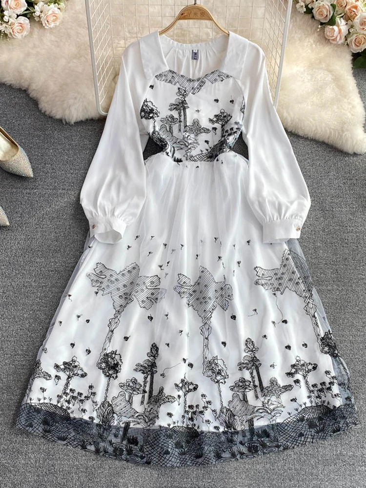 FTLZZ Summer Women Square Neck Mesh Embroidery Stitching A-Line Dress Fashion Leisure Elegant High Waist Slim Chiffon Dresses
FTLZZ Summer Women Square Neck Mesh Embroidery Stitching A-Line Dress Fashion Leisure Elegant High Waist Slim Chiffon Dresses