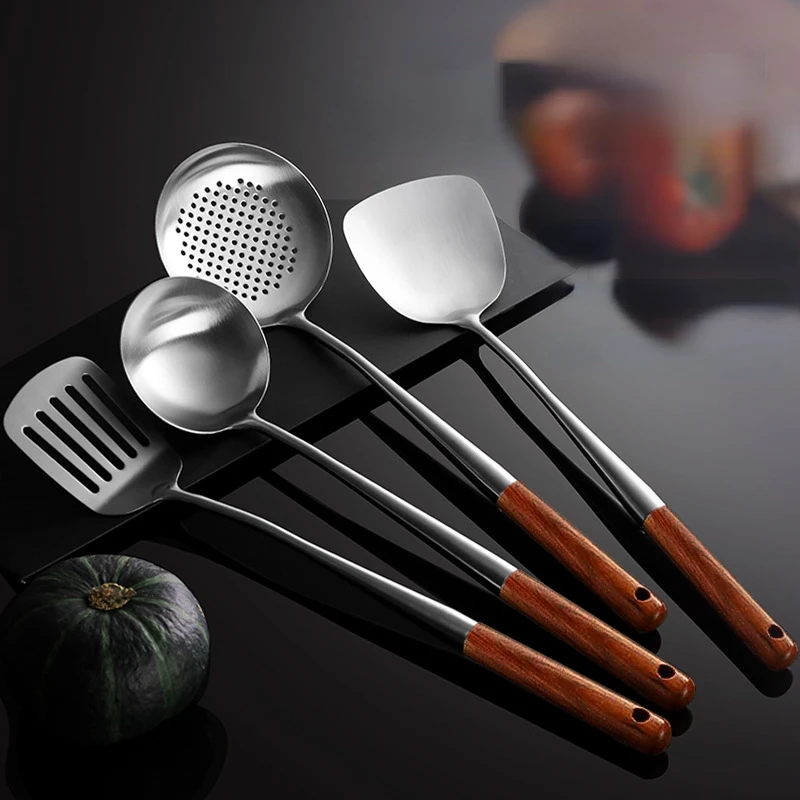 

Stainless Steel Cooking Tools Wooden Long Handle Kitchen Utensils Anti-scald Cooking Spatula Frying Shovel Soup Spoon Colander