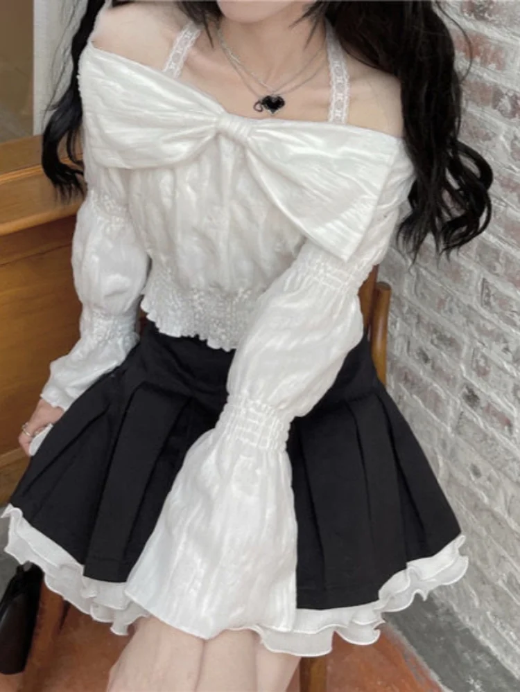 Womens Sweet Bow Patchwork Blouses Vintage Flare Sleeve Slash Neck Halter Top Female Harajuku Blusas Casual All Match Crop Tops
Womens Sweet Bow Patchwork Blouses Vintage Flare Sleeve Slash Neck Halter Top Female Harajuku Blusas Casual All Match Crop Tops