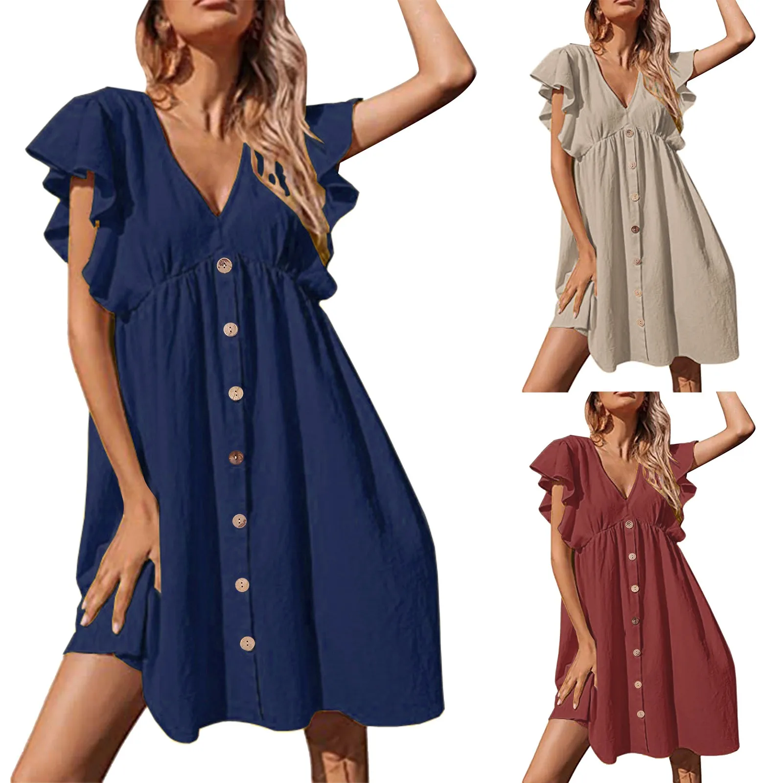 Women's Casual Summer Dress Solid Color Ruffle Sleeve V-Neck Button Down A-Line Swing Party Dress Sundress Vestidos Robe Femme
Women's Casual Summer Dress Solid Color Ruffle Sleeve V-Neck Button Down A-Line Swing Party Dress Sundress Vestidos Robe Femme