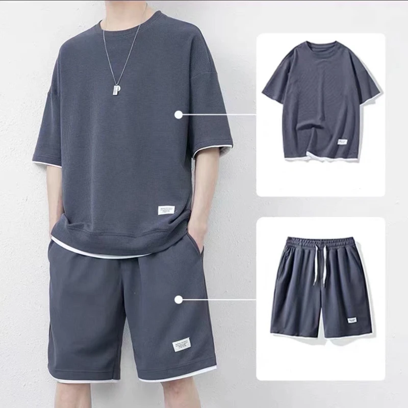 

Sets Men Summer O-neck T-shirts Shorts Male Cozy Knee Length Streetwear Teens Ulzzang College Fashion All-match Handsome Casual