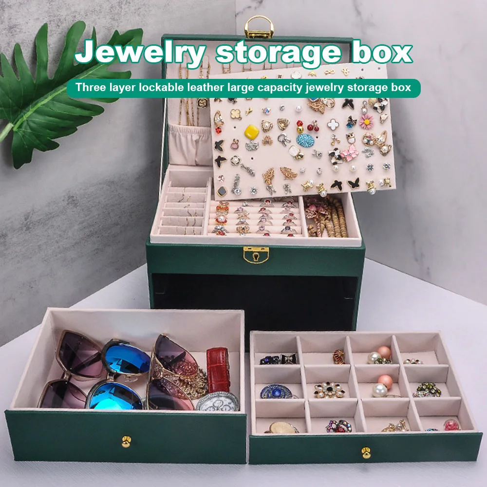 

Three Layer Lockable Leather Jewelry Box Large Dustproof Organiser Case Desktop Storage Supplies